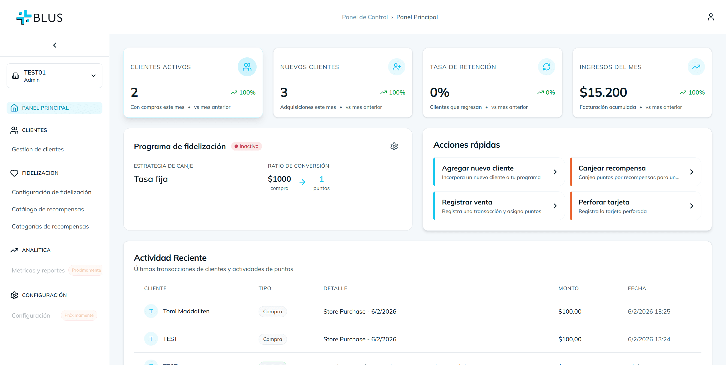 Panel de control BLUS - Vista desktop
